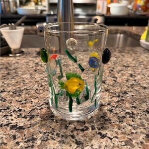 Glass Tumbler with Yellow Fish and Floral Accents